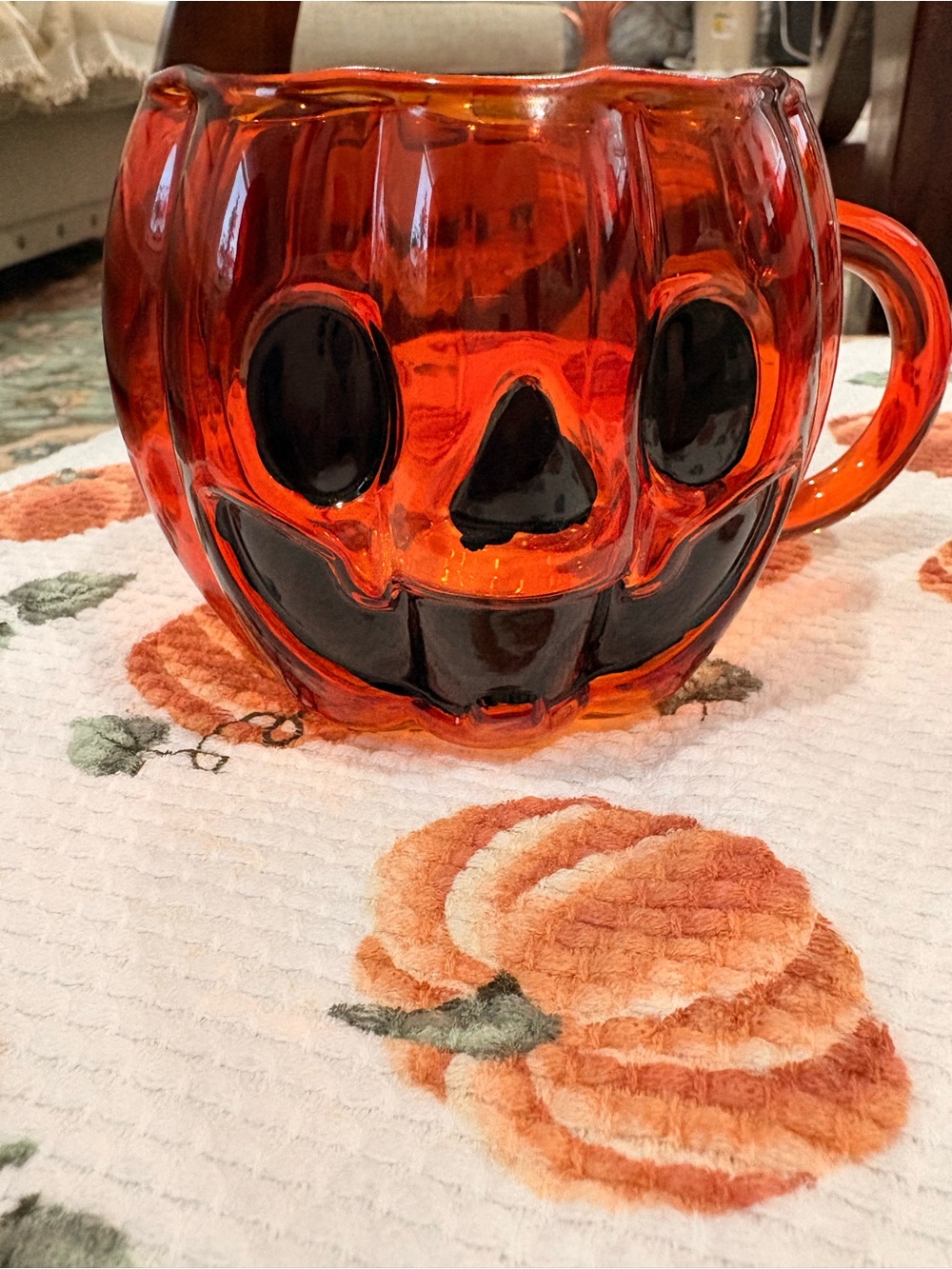 Anthropologie Orange Jack-O'-Lantern Glass Mug with Black Face